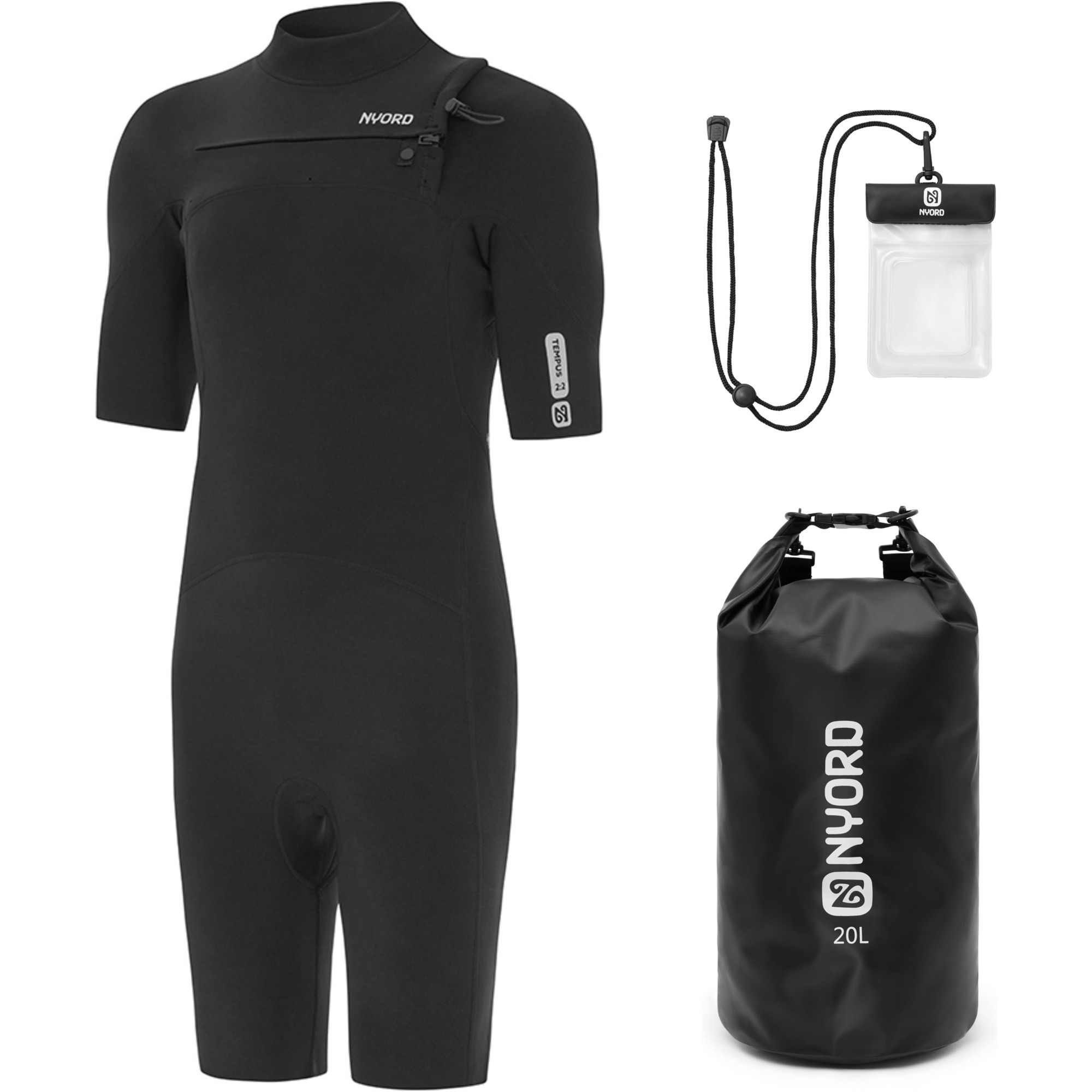 2024 Nyord Mens Tempus 2 2mm Chest Zip Shorty Wetsuit 20L Dry Bag   2023 Nyord Mens Tempus 22mm Chest Zip Shorty Wetsuit  20L Dry Bag  Key Case Bundle MTEMP01   Black Main.2000x2000 